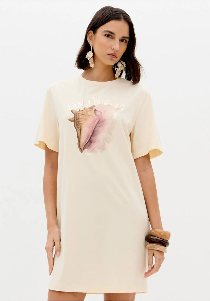 VESTIDO T-SHIRT BEGE COM ESTAMPA FRONTAL LANÇA PERFUME