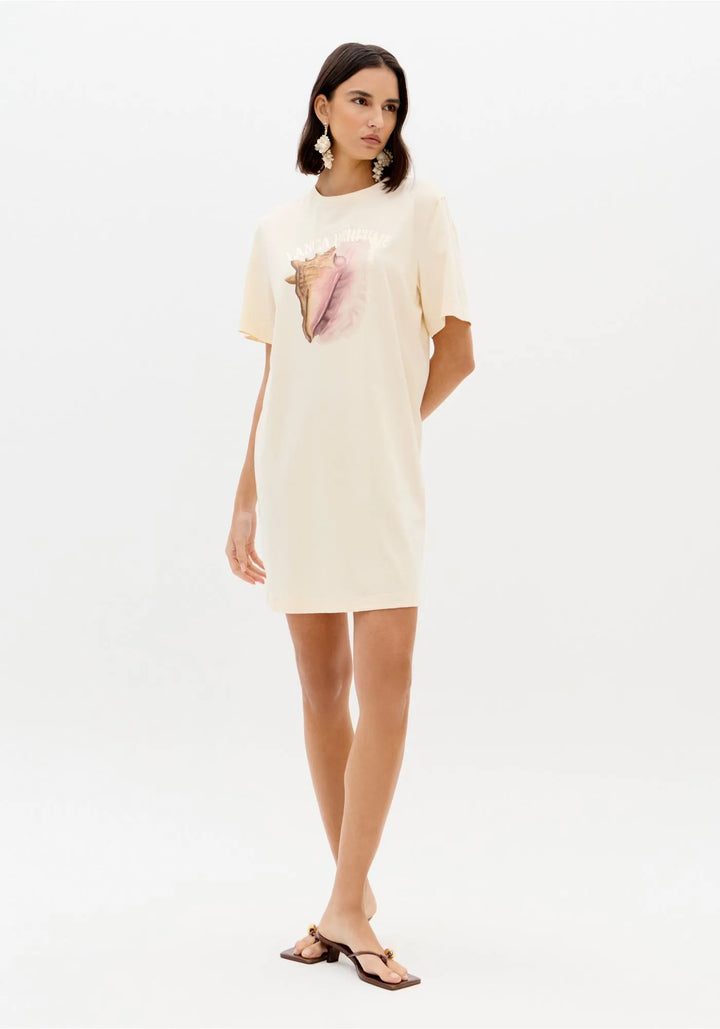 VESTIDO T-SHIRT BEGE COM ESTAMPA FRONTAL LANÇA PERFUME