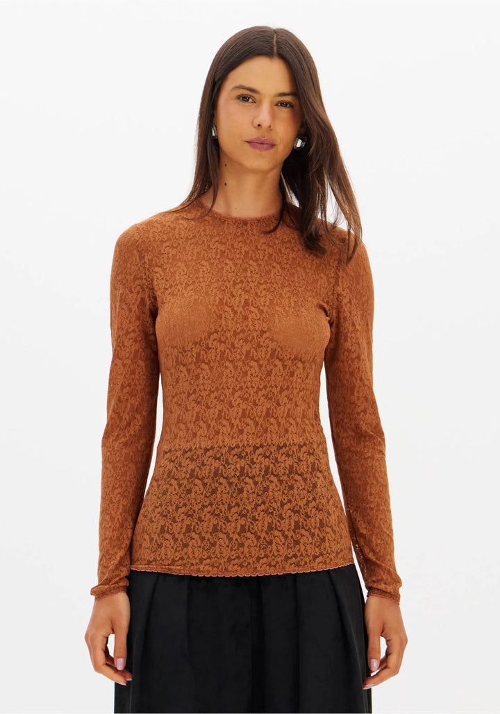BLUSA CASTANHA DE RENDA MANGA COMPRIDA LANÇA PERFUME