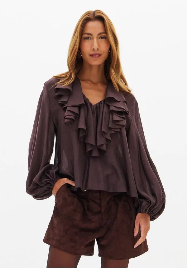 BLUSA CASTANHO CAFÉ COM FOLHOS LANÇA PERFUME
