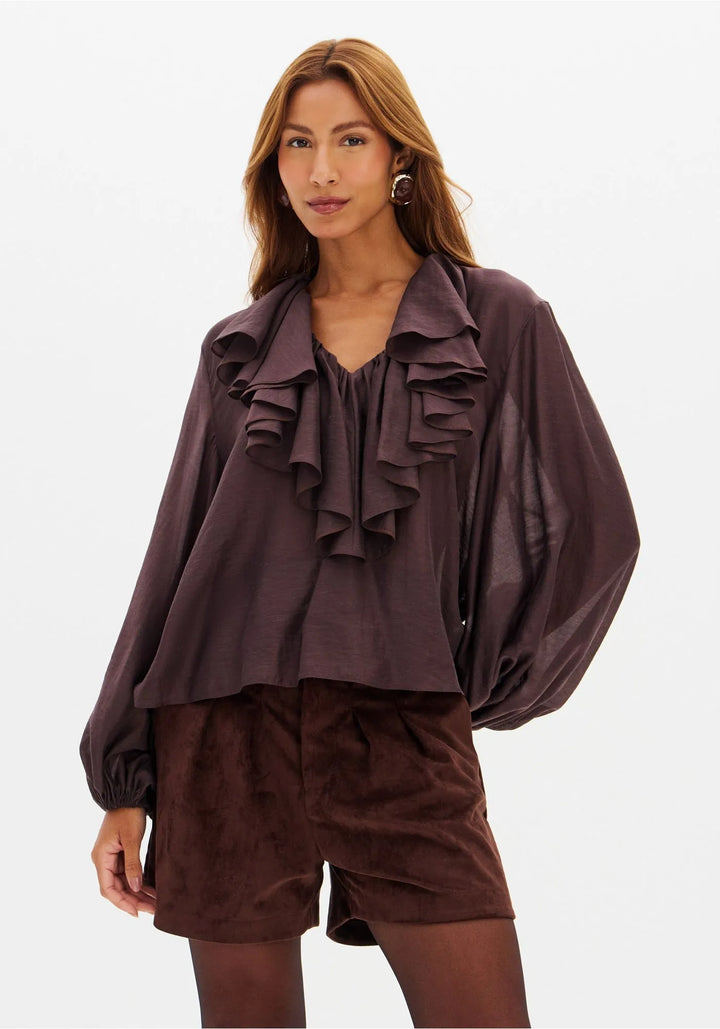 BLUSA CASTANHO CAFÉ COM FOLHOS LANÇA PERFUME