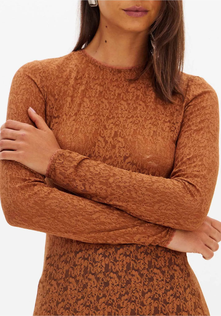 BLUSA CASTANHA DE RENDA MANGA COMPRIDA LANÇA PERFUME