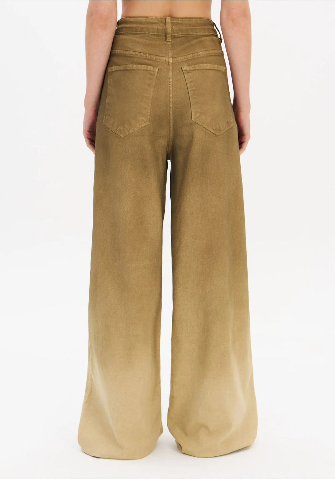 CALÇA DE GANGA VERDE OLIVA BEGE COM LAVAGEM WIDE LEG LANÇA PERFUME