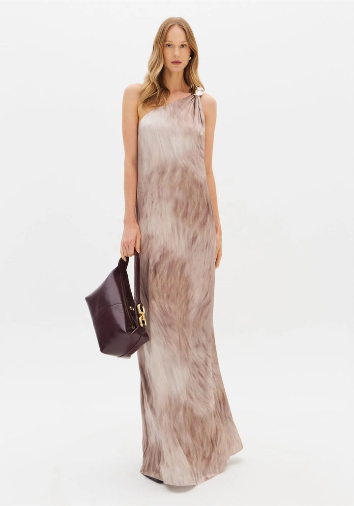 VESTIDO COMPRIDO ACETINADO EFEITO CINZA LANÇA PERFUME