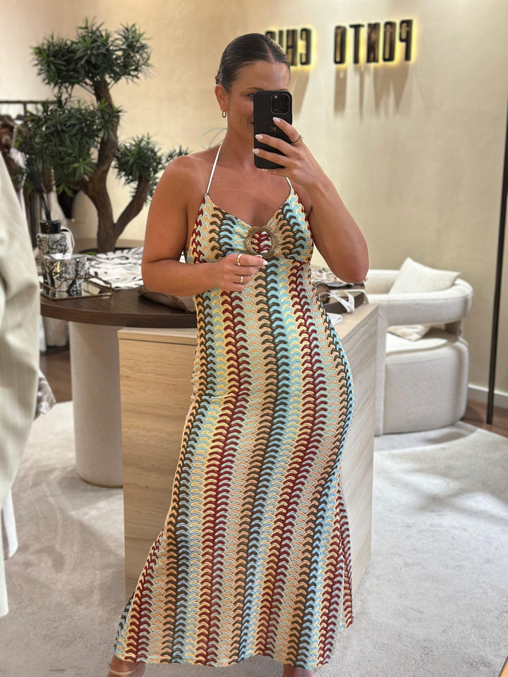 VESTIDO COMPRIDO TECIDO TRABALHADO COM FIVELA PONTO CHIC