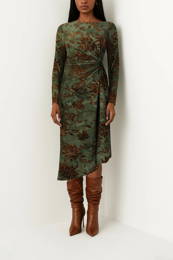 VESTIDO VERDE FLORAL COM ESTAMPADO CASTANHO E DETALHE DRAPEADO SAHOCO