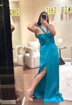 VESTIDO TURQUESA PEITO FRANZIDO PONTO CHIC