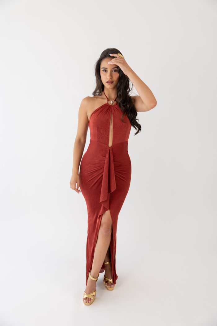 VESTIDO COMPRIDO BORDO DRAPEADO PONTO CHIC - Image 1