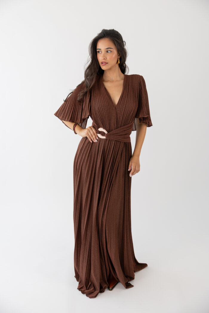 VESTIDO COMPRIDO CASTANHO PLISSADO FRACOMINA - Image 3