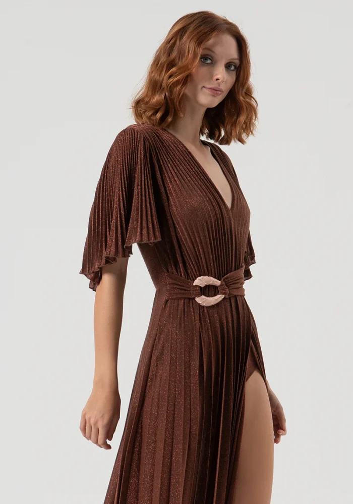 VESTIDO COMPRIDO CASTANHO PLISSADO FRACOMINA - Image 2