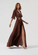 VESTIDO COMPRIDO CASTANHO PLISSADO FRACOMINA - Image 3