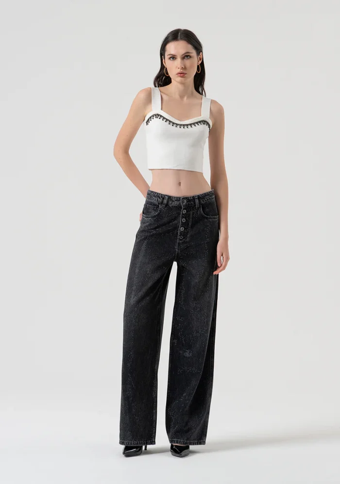 CALÇA PRETA PALAZZO COM STRASS FRACOMINA - Image 1