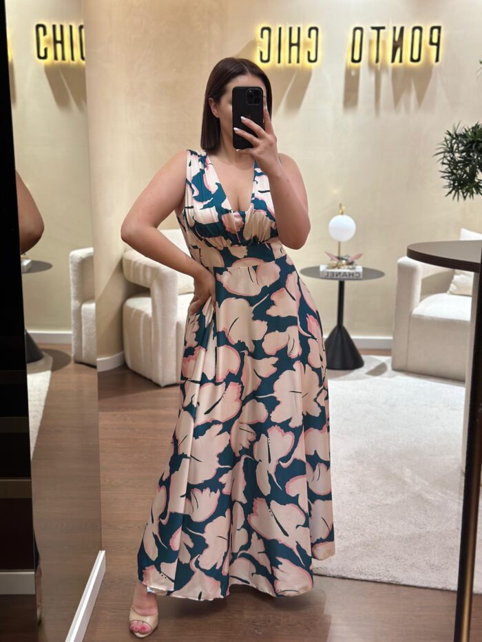 VESTIDO ACETINADO ESTAMPA FLORIDA RINASCIMENTO - Image 1