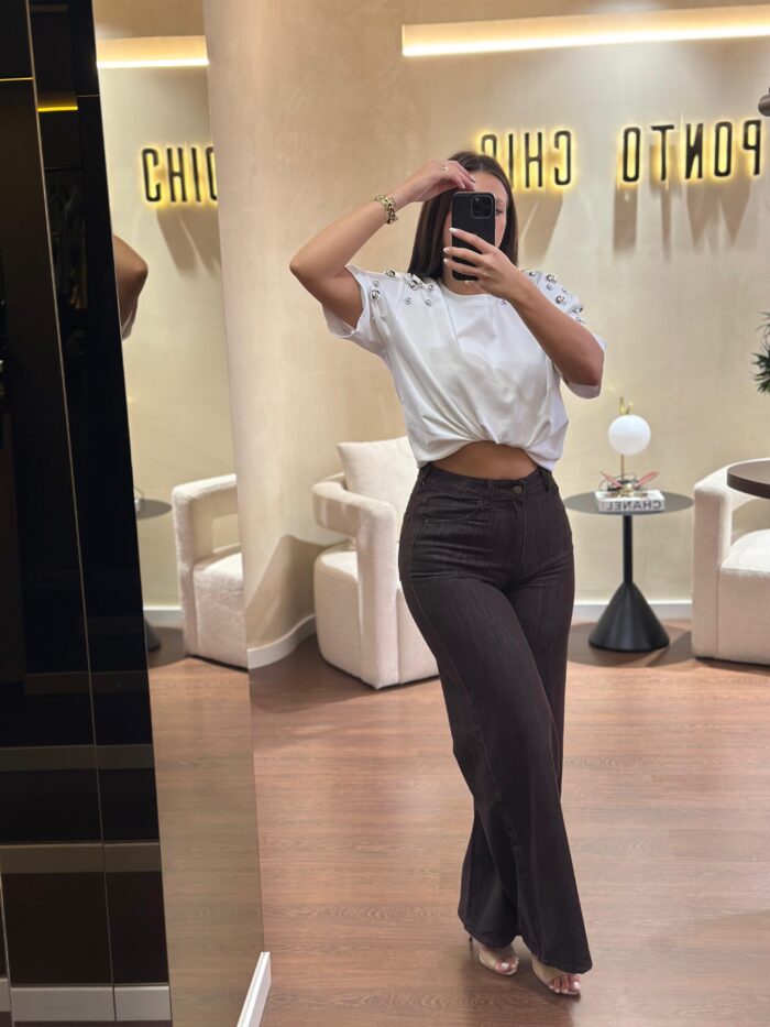 CALÇA WIDE LEG DENIM CASTANHO PONTO CHIC - Imagen 2