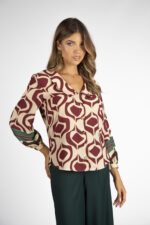 BLUSA ESTAMPADA EM TONS DE BORDO E BEGE SILVINA CAMPOS