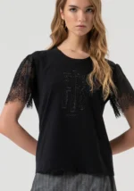 T-SHIRT PRETA MANGA EM RENDA FRACOMINA