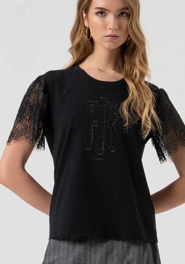 T-SHIRT PRETA MANGA EM RENDA FRACOMINA - Image 1