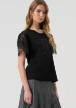 T-SHIRT PRETA MANGA EM RENDA FRACOMINA - Image 2