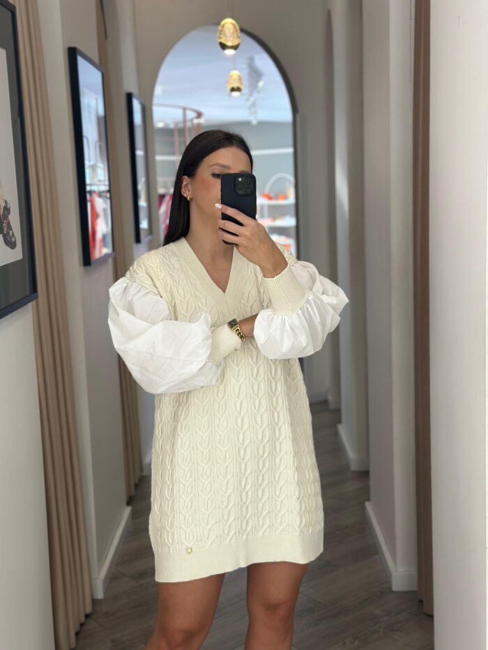 VESTIDO DE MALHA COM MANGA EM TECIDO RUGA - Image 2