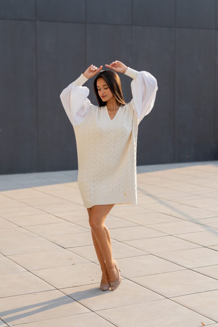 VESTIDO DE MALHA COM MANGA EM TECIDO RUGA - Image 8