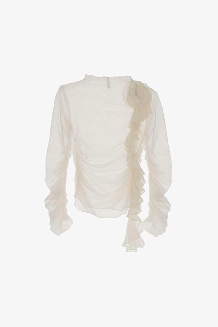BLUSA BRANCA COM FOLHOS E APLIQUE FLORAL IMPERIAL - Image 1