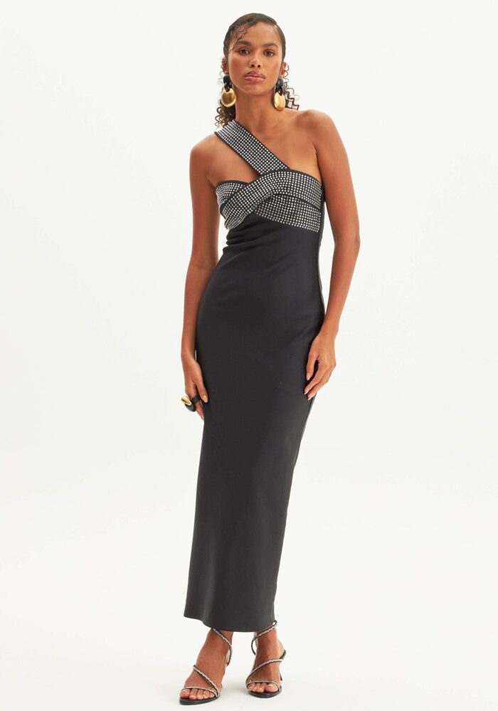 VESTIDO PRETO MIDI OMBRO ÚNICO LANÇA PERFUME - Imagen 1