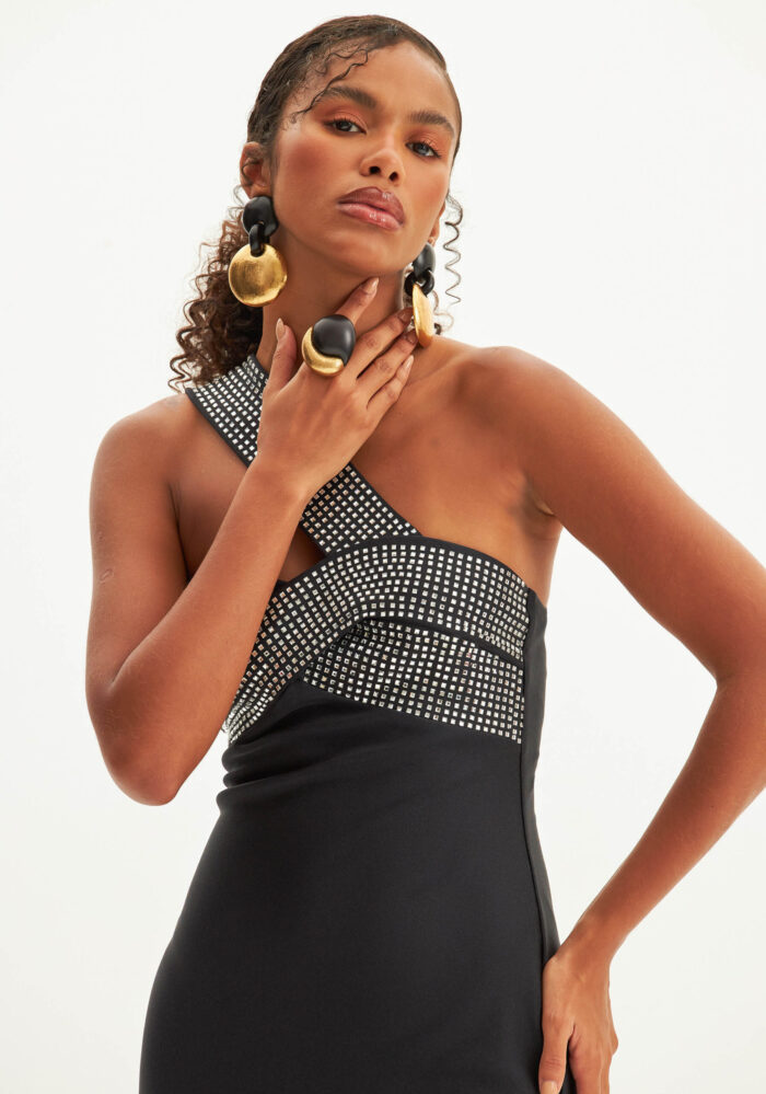 VESTIDO PRETO MIDI OMBRO ÚNICO LANÇA PERFUME - Imagen 2