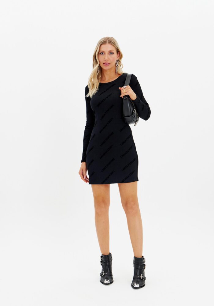 VESTIDO CANELADO PRETO COM LOGO LANÇA PERFUME - Imagen 1