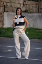 CONJUNTO BEGE E PRETO DE MALHA A RISCAS PONTO CHIC