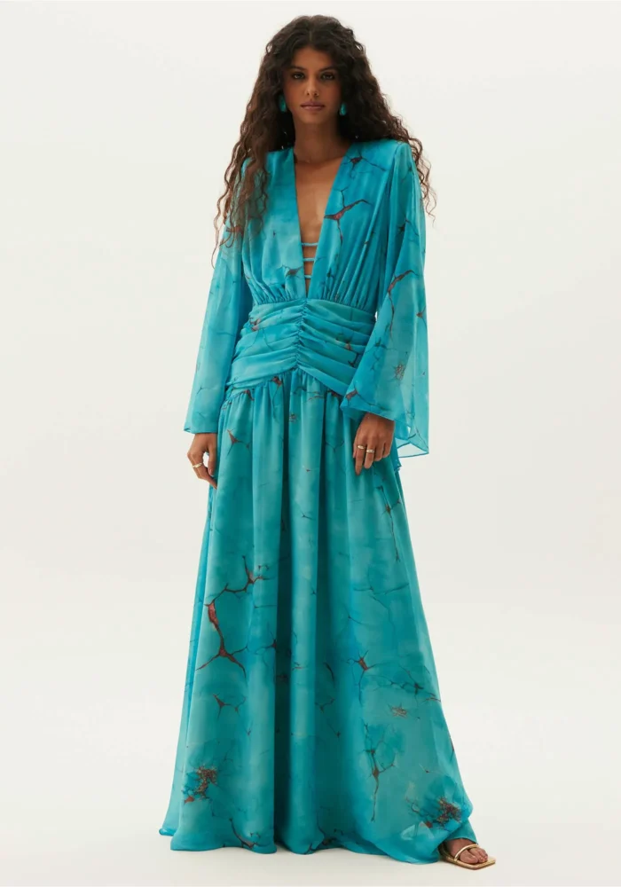 VESTIDO LONGO AZUL MANGA FLARE LANÇA PERFUME - Imagen 6
