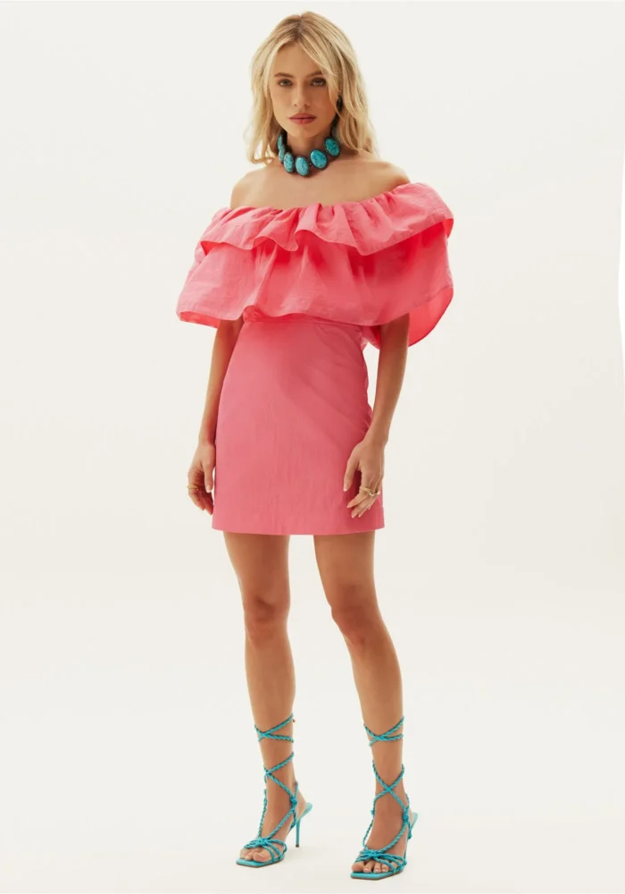 VESTIDO CURTO ROSA COM FOLHO LANÇA PERFUME - Imagen 1