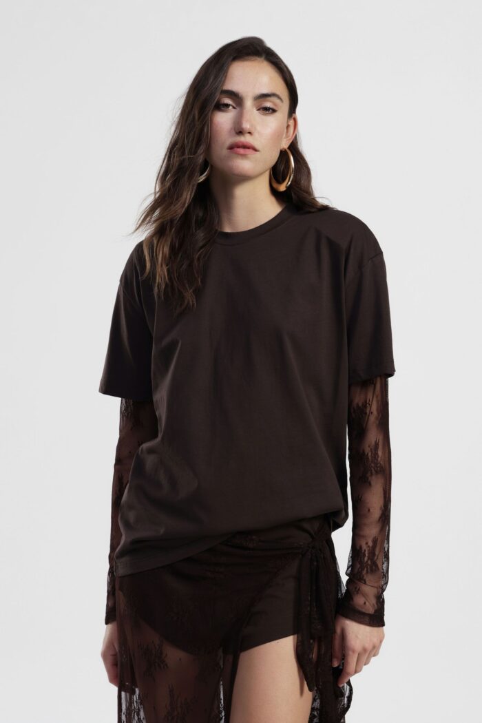 T-SHIRT CASTANHA COM RENDA DIXIE - Image 1