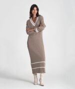 VESTIDO CANELADO NUDE COM CONTRASTE EM ALGODÃO RUGA