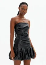 VESTIDO CURTO EM POLIPELE PRETA COM DRAPEADOS LANÇA PERFUME