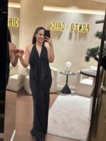 VESTIDO LONGO ACETINADO PRETO COM FOLHO ELEH