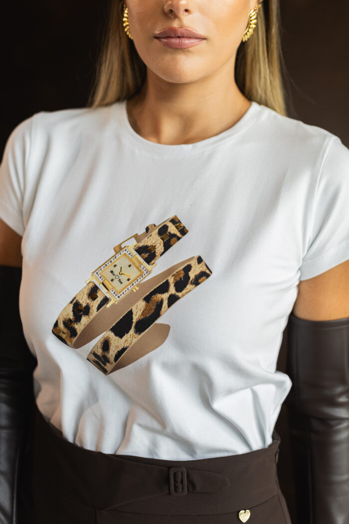 T-SHIRT BRANCA COM APLICAÇÃO DE RELÓGIO ANIMAL PRINT MISS YOU - Image 4