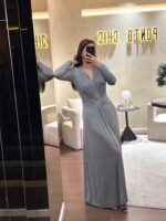 VESTIDO CINZENTO LONGO COM DRAPEADO E DECOTE PROFUNDO ELEH - Image 2