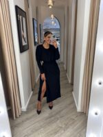 VESTIDO PRETO DRAPEADO COM APLIQUE DOURADO PONTO CHIC