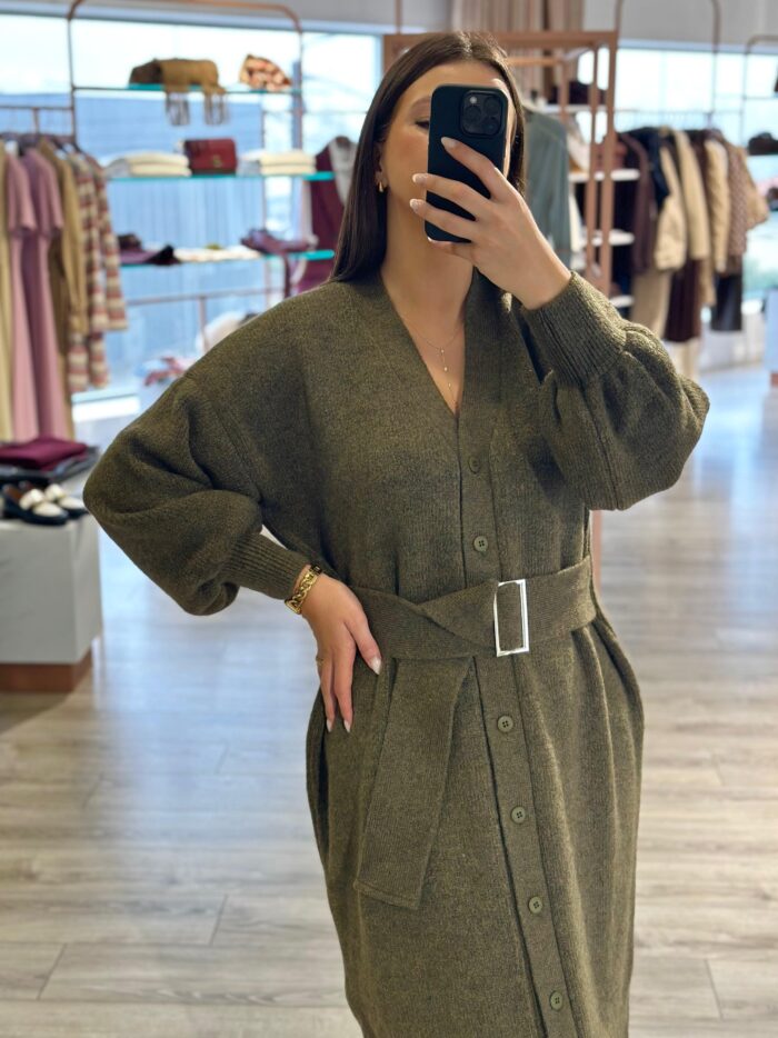 VESTIDO CASACO KAKI COM CINTO E MANGAS ABALONADAS RUGA - Image 2
