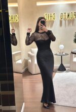 VESTIDO PRETO COM RENDA E SAIA ACETINADA IMPERIAL