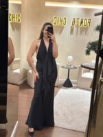 VESTIDO LONGO ACETINADO PRETO COM FOLHO ELEH - Image 2