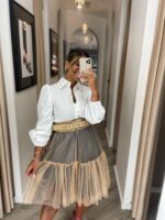 SAIA MIDI DE TULE EM CAMADAS BEGE RENASCIMENTO