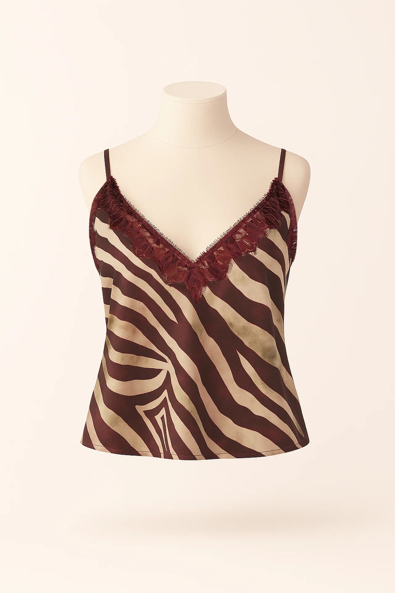 top-em-cetim-com-renda-estampado-frente TOP ESTAMPADO ZEBRA BORDÔ COM RENDA SAHOCO - Image 1