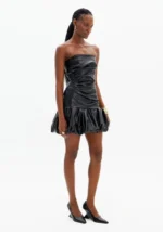 VESTIDO CURTO EM POLIPELE PRETA COM DRAPEADOS LANÇA PERFUME