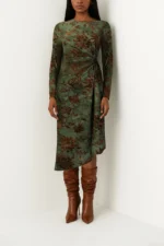 VESTIDO VERDE FLORAL COM ESTAMPADO CASTANHO E DETALHE DRAPEADO SAHOCO