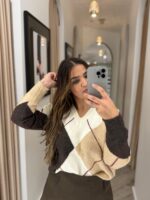 CAMISOLA DE MALHA GEOMÉTRICA BEGE E CASTANHA PONTO CHIC - Image 2