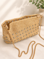 MALA PALHA COM APLICAÇÕES DE BRILHOS PRATEADOS PONTO CHIC