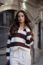 POLO DE MALHA ÀS RISCAS CRU E CASTANHO PONTO CHIC