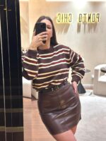 CAMISOLA CASTANHA COM RISCAS CREME E BORDÔ PONTO CHIC