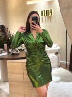 VESTIDO METÁLICO VERDE DRAPEADO PONTO CHIC - Image 3